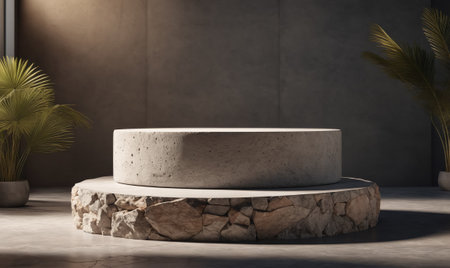 A concrete platform sits in front of a grey wall, illuminated by soft sunlightの素材