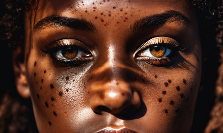 A close-up of a womans face, showcasing her brown eyes and frecklesの素材