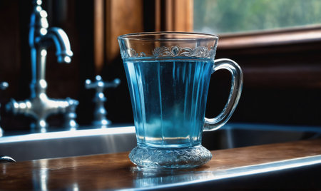A glass of blue liquid sits on the counter next to a kitchen sinkの素材