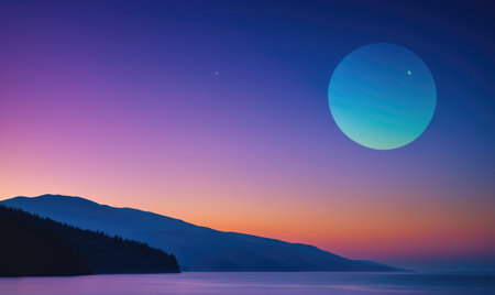 A large, blue moon hangs in the sky over a silhouetted mountain rangeの素材