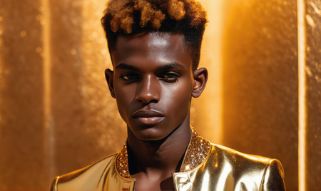 A young man with a short, curly haircut looks directly at the camera, wearing a gold jacket with glitter detailingの素材