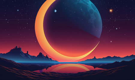 A large, crescent-shaped moon hangs over a landscape with a still lake and mountainsの素材