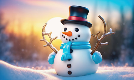 A cheerful snowman with a blue scarf and hat stands in the snow at sunsetの素材