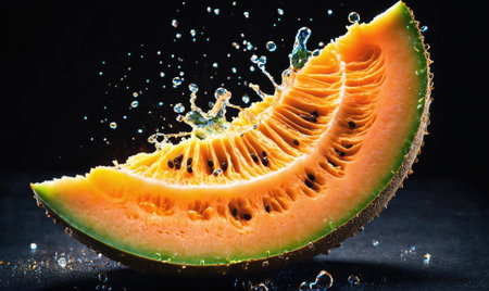 A slice of cantaloupe melon is splashed with water, creating a refreshing imageの素材