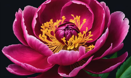 A vibrant pink peony blooms against a dark backgroundの素材