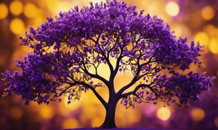 A purple tree stands tall against a blurred background of warm, golden lightの素材