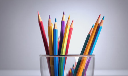 A glass jar filled with colorful pencils sits on a white table, ready for a creative afternoonの素材