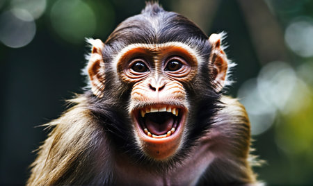 A young monkey with big brown eyes and a wide open mouth looks directly at the camera with a playful expressionの素材