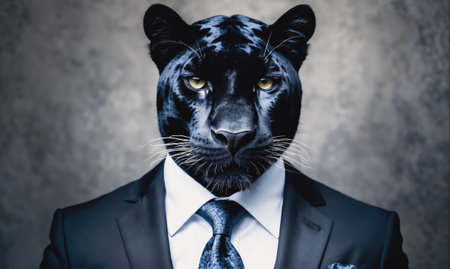 A black panther in a suit stares intensely at the cameraの素材