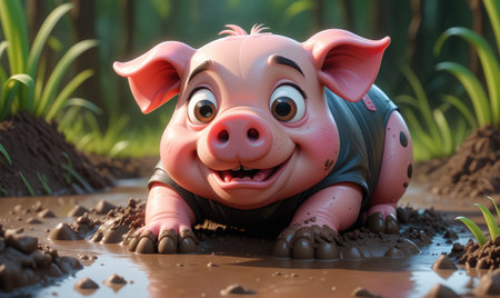 A happy piglet wearing a black shirt is wading through a muddy puddle in the forestの素材