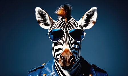 A zebra wearing sunglasses and a leather jacket stares directly at the cameraの素材