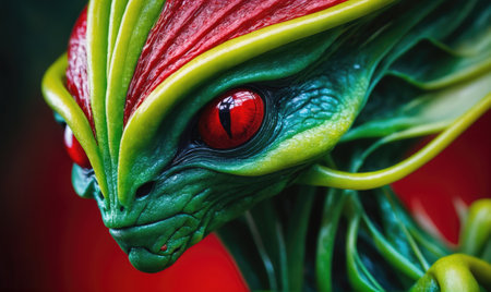 A close-up of a green creature with red eyes and vines growing from its headの素材