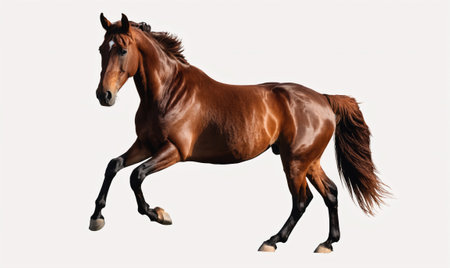A brown horse gallops across a white backgroundの素材