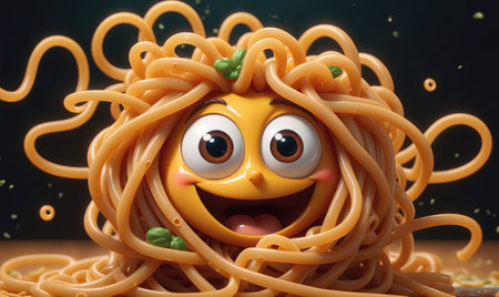 A cartoon face covered in spaghetti smiles at the cameraの素材