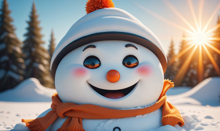 A happy snowman smiles in the winter sunshine, surrounded by snow and treesの素材