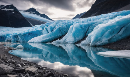 A blue glacier reflects in a still lake surrounded by mountains in Icelandの素材
