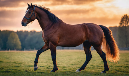 A brown horse walks through a grassy field at sunsetの素材