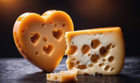 A heart-shaped block of Swiss cheese sits next to a regular block of Swiss cheese on a gray surfaceの素材