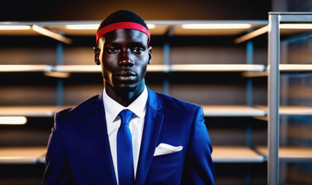 A man wearing a blue suit and red headband stands in front of shelvesの素材
