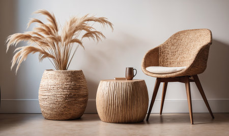 A wicker chair with a white cushion sits next to a woven side table and a large vase filled with dried pampas grassの素材