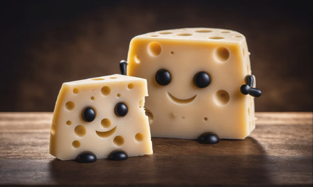 Two blocks of cheese with happy faces sit on a wooden surfaceの素材