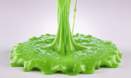 Green slime pours onto a white surface, creating a gooey puddleの素材