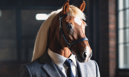 A horse wearing a suit and tie stands in front of a window in a dimly lit roomの素材