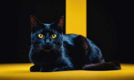 A black cat with bright yellow eyes lies on a yellow surface, looking directly at the cameraの素材