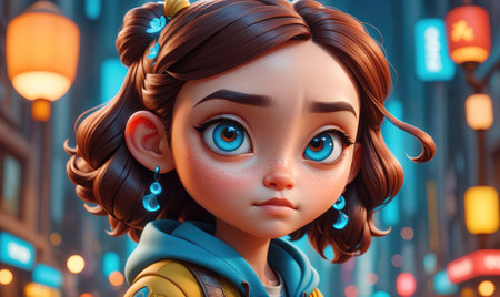 A young girl with brown hair and blue eyes looks thoughtfully out at the city lightsの素材