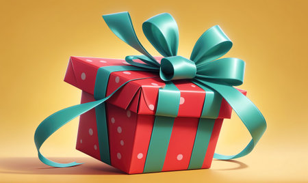A red gift box with white dots and a teal bow sits on a yellow surfaceの素材