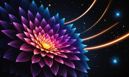 A vibrant flower blooms against a starry night sky with streaks of lightの素材