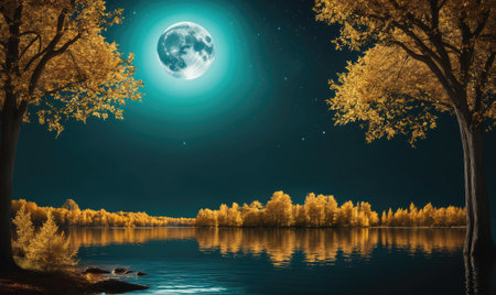 A full moon shines brightly over a tranquil lake surrounded by trees in autumnの素材
