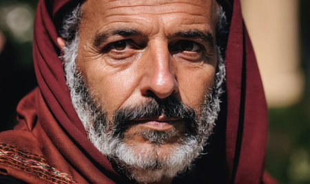 A man with a grey beard stares intently at the camera, wearing a red headscarfの素材