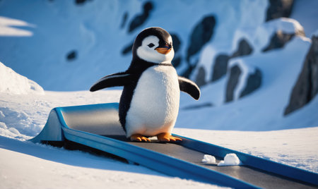 A penguin slides down a ramp in the snow on a sunny dayの素材