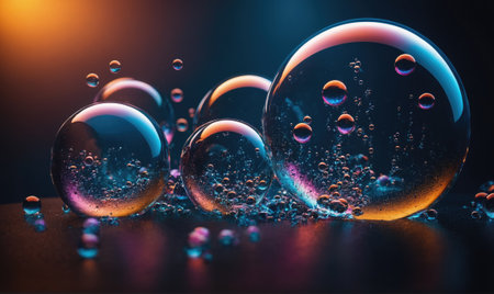 A close-up of iridescent bubbles on a dark backgroundの素材
