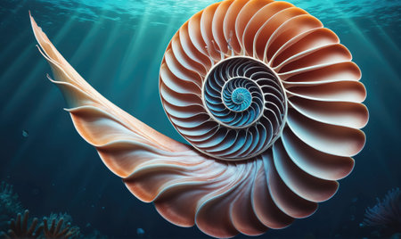 A nautilus shell floats in the ocean, its intricate spiral pattern visible against the blue waterの素材