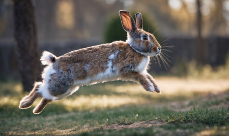 A brown and white rabbit leaps through the air in a grassy fieldの素材