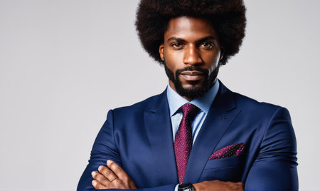 A man with a beard and a blue suit stands with his arms crossed in front of a plain gray backgroundの素材