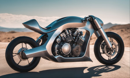 A sleek, silver motorcycle sits on a desert road under a clear blue skyの素材