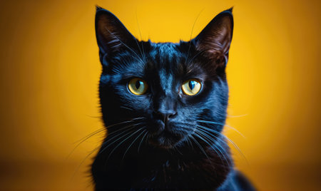 A black cat stares intently at the camera, its yellow eyes piercingの素材
