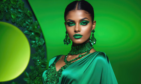 A woman in a green dress and jewelry poses against a green backgroundの素材