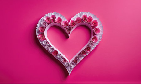 A paper heart made of pink and white paper roses is on a pink backgroundの素材