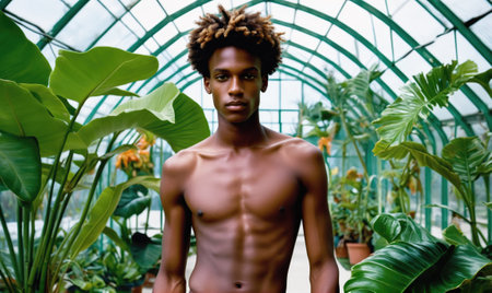A young man stands shirtless in a greenhouse, surrounded by lush greeneryの素材