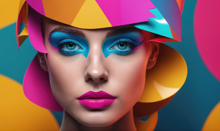 A woman with blue eyeshadow and bright pink lipstick looks directly at the camera, wearing a colorful hat made of paperの素材