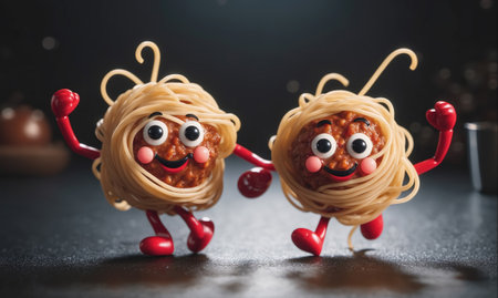 Two happy spaghetti and meatball characters dance on a dark surfaceの素材