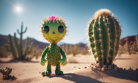 A cartoon cactus with big eyes stands in the desert on a sunny dayの素材
