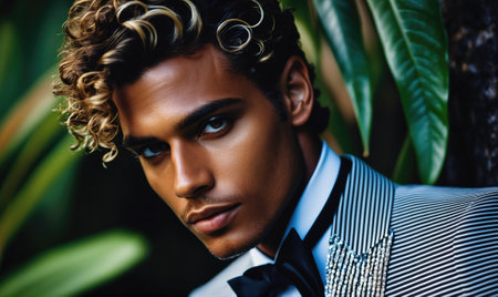 A man with curly brown hair and a blue striped jacket looks intensely at the cameraの素材