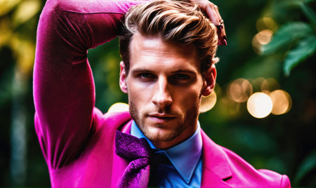 A man in a bright pink suit runs his hand through his hair, looking directly at the cameraの素材