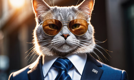 A cat wearing sunglasses and a suit stands with a serious expressionの素材