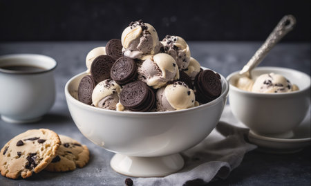 A bowl of cookies and cream ice cream with chocolate cookie pieces sits on a gray table, ready to be enjoyedの素材